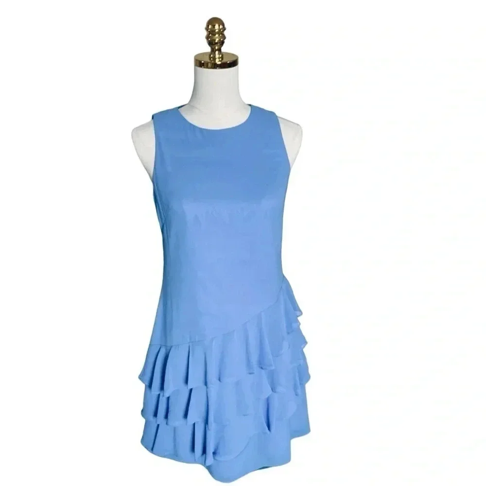 VINCE CAMUTO |Women's Sky Blue Sheer Asymmetric Ruffle Shift Mini Dress Size 2 - Picture 3 of 11